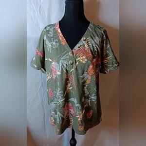 New Directions Women's XL Faux Button Closure V-neck Olive Green Top